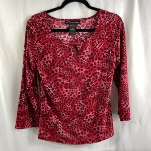No Boundaries 3/4 sleeve keyhole top with red leopard print and clear sp…
